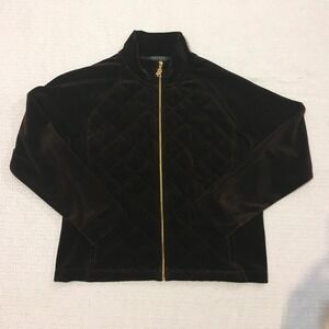 Lauren Ralph Lauren Women Chocolate Brown Velour Quilted Zip Up Jacket XL